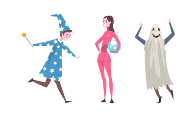 Young Man and Woman Wearing Costume of Alien and Ghost Disguised in Masquerade Outfit Vector Set
