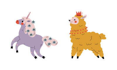 Cute Wooly Llama and Unicorn as Adorable Fairy Animal Vector Set