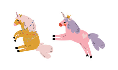 Cute Unicorn with Mane as Adorable Fairy Animal with Crown on Its Head and Garland Vector Set