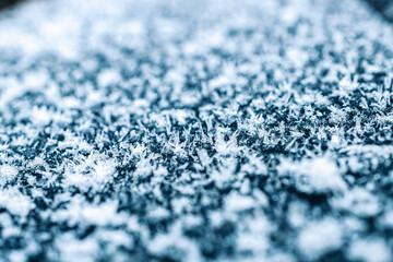 Obraz premium Frosting macro. Cold snow winter background. Blue crystal frozen abstract pattern. White frost ice texture.