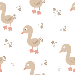 cute goose seamless pattern hand drawn. vector, minimalism, trending colors 2022. wrapping paper, textiles, background, wallpaper. children clipart, animals, birds.