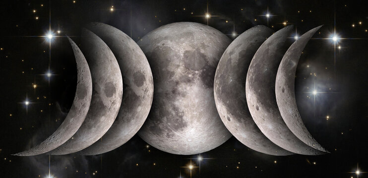 Phases of the Moon: waxing crescent, first quarter, waxing gibbous, full moon, waning gibbous, third guarter, waning crescent, new moon. Overlay collage. Elements of this image furnished by NASA