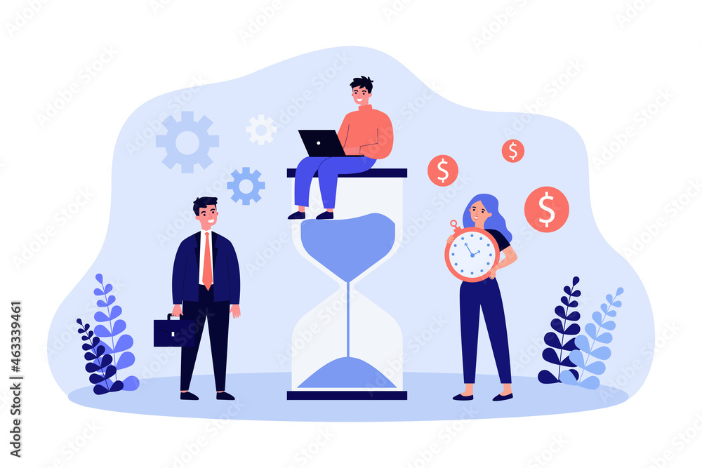 Wall mural Business people standing near hourglass with clock. Man working with laptop flat vector illustration. Time management, productivity, deadline concept for banner, website design or landing web page - Wall murals