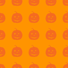 Flat vector illustration. Halloween seamless pattern with silhouette pumpkin on orange background. Use for wallpaper, notepad, background, paper, surface textures
