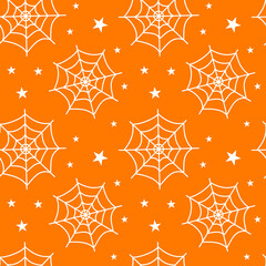 Halloween seamless pattern with white cobwebs on orange background. Flat vector illustration. Use for web, notepad, background, paper