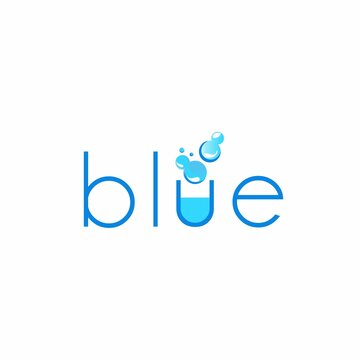Letter or word Blue san serif writing font with laboratory bottle and water image graphic icon logo design abstract concept vector stock. Can be used as symbols related to chemistry.