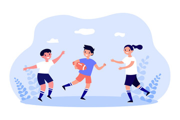 Obraz premium Team of kids playing rugby or American football. Girl and boys running on field with ball flat vector illustration. Childhood, sport activity concept for banner, website design or landing web page