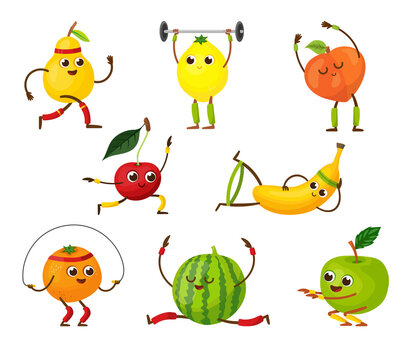 Funny fruit characters doing yoga. Kawaii pear, apple, orange, peach and other comic fruits having workout. Cartoon vector illustration set. Food, body wellness, gym sport concept