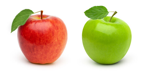 Fresh red apples and green apples with leaves isolated on white background.