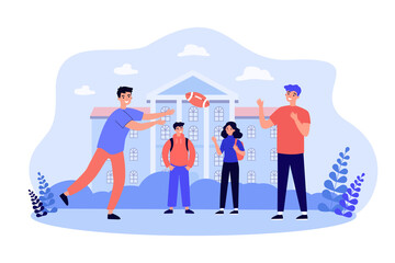 Children playing American football or rugby outdoors. Girl and boys throwing ball in schoolyard flat vector illustration. Childhood, sport concept for banner, website design or landing web page