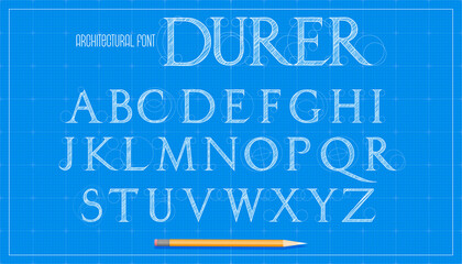 Blueprint architecture font. Capital serif letters alphabet. Sketch vector plan design background.