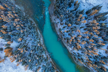 Aerial view of the winter landscape in Kanas lake, Xinjiang province, China. - obrazy, fototapety, plakaty