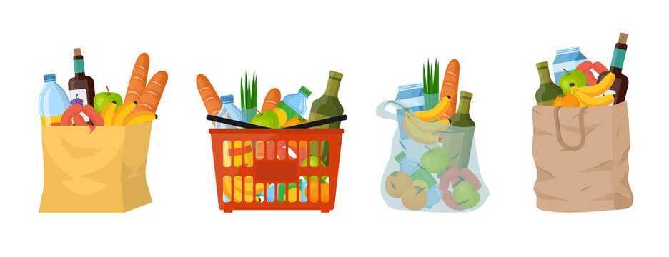 Shopping paper or plastic bags and basket with products such as milk, bread, breakfast food. Cartoon vector illustration set. Can be used as logo of food delivery, grocery store, supermarket, charity
