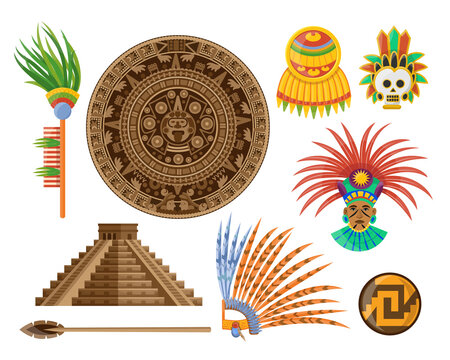 Maya elements cartoon vector illustration set. Icons of ancient pyramid, Aztec calendar, eagle feather masks and stone. Ethnic culture, Mexico art, Inca idol, Chichen Itza artifact concept