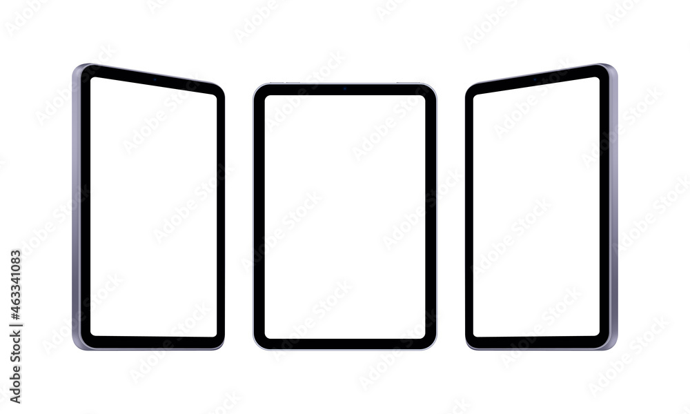Poster set of tablet computers mockups isolated on white background, front and side view. vector illustrati