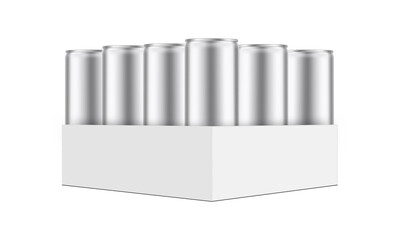 Pack with Metallic Cans Mockup for Fitness Energy Drink, Isolated on White Background. Vector Illustration