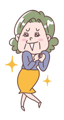 笑顔で喜ぶ年配女性の全身イラスト