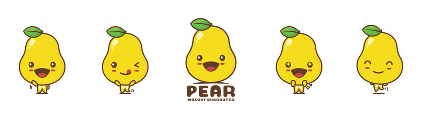 cute pear cartoon mascot. fruit vector illustration, with different facial expressions and poses