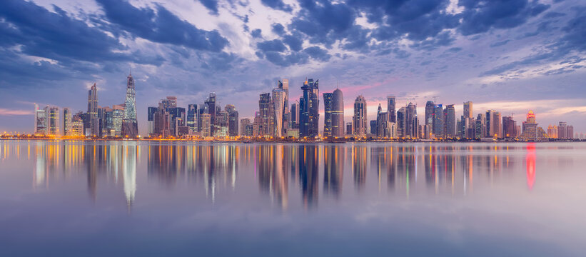 The Panoramic skyline of Doha, Qatar during sunrise