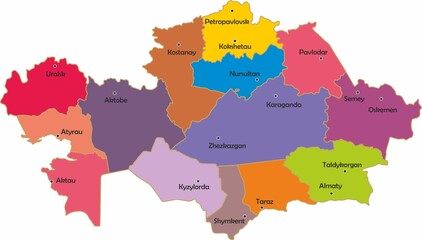 Vector administrative map of Kazakhstan. Colored country. State with regions and major cities
