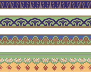 Vector set of seamless Chinese national ornaments. Colored endless Asian patterns, patterns and frames. Home decoration, carpets and ceramics
