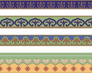 Vector set of seamless Chinese national ornaments. Colored endless Asian patterns, patterns and frames. Home decoration, carpets and ceramics
