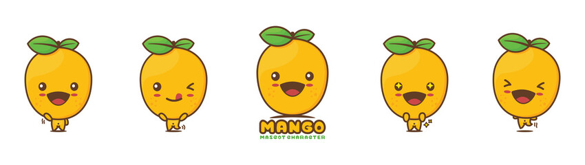 cute mango cartoon mascot, fruit vector illustration, with different facial expressions and poses