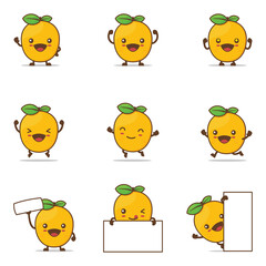 cute mango cartoon, fruit vector illustration, with happy facial expressions and different poses