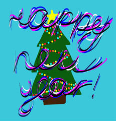 Happy New Year. Fir tree with garland on a blue background. Congratulations on the children's drawing. Vector illustration 