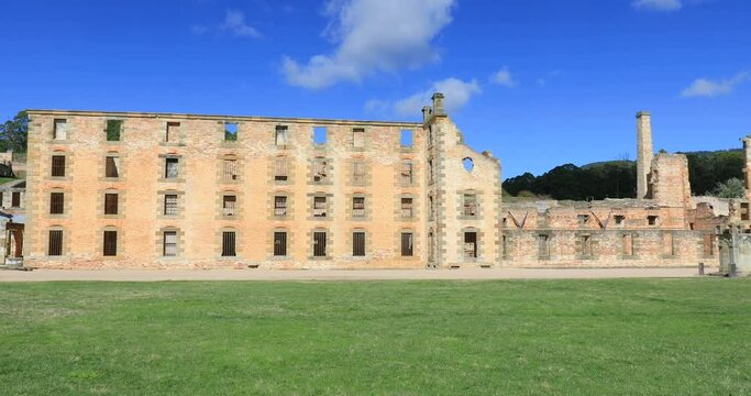 Right to left pan motion of UNESCO World Heritage-listed Port Arthur Historic Site, 30 buildings, ruins and restored homes from the prison's establishment in 1830 till its closure in 1877, Tasmania