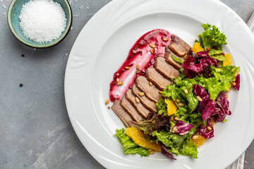 duck breast fillet salad, Healthy and detox food concept. Ketogenic diet. top view. copy space for text