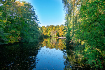 Fototapeta na wymiar Frankfurter Stadtwald - Jacobiweiher im Herbst mit Herbstwald mit farbenfrohen Bäumen und Spiegelung im See, an einem sonnigen Tag Frankfurt Hessen Deutschland