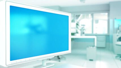Fototapeta premium cute mockup - blue screen monitor in office with free place - computer generated object 3D illustration