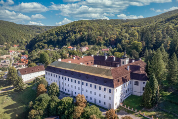 Fototapeta na wymiar Aerial view of the baroque style manor house in Svaty Anton Antol near Banska Štiavnica wealthy four wing noble residence in Slovakia 