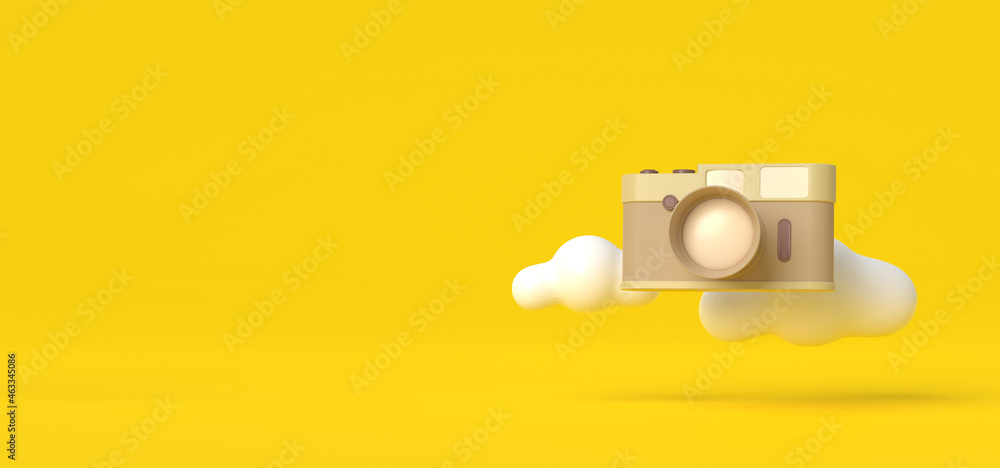 Poster camera on yellow background, minimal style, 3d rendering.