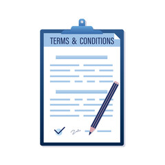 Terms and condition, banner template. Agreement, paper sheet and pencil. Contract, isolated on white background.