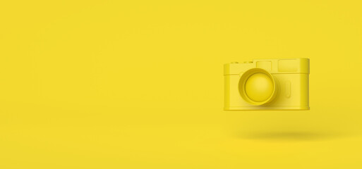 Camera on Yellow background, Minimal style, 3D rendering.