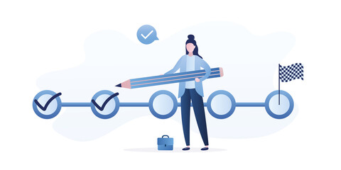 Businesswoman or manager with big pencil and to do list. Successful execution of business tasks, a day at the office. Confident female employee. Planner, work calendar. F