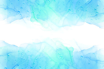 Obraz premium 水滴と抽象的なボケ、ブルーとグリーンの背景 