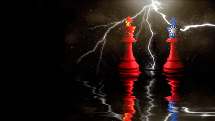 china and taiwan flags paint over on chess king. 3D illustration taiwan vs china. - obrazy, fototapety, plakaty
