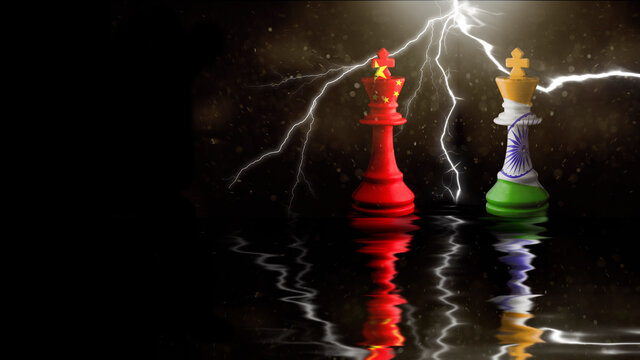 china and india flags paint over on chess king. 3D illustration india vs china.