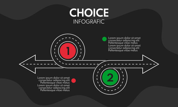 2 options choice, left and right direction arrows, old and new vector concept with road line