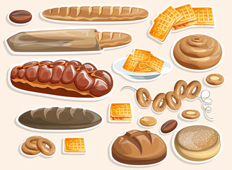 Vector image of stickers of white bread and other flour products. Cartoon style. Isolated on a white background. EPS 10