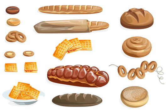 Vector image of white bread and other flour products. Cartoon style. Isolated on a white background. EPS 10