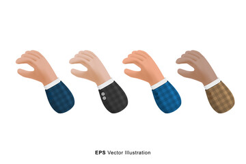 Set of different color hands gesture picking object 3D cartoon illustration isolated on white background. Vector design