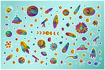 Bright space doodle sticker set. Planets, rockets, stars, comets, asteroids on light blue background. Gradient pink, orange, green neon color astronomical objects. Vector science cute illustration
