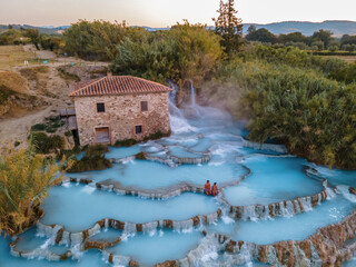 natural spa with waterfalls and hot springs at Saturnia thermal baths, Grosseto, Tuscany, Italy,Hot...