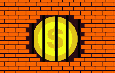 Gold dollar coin in jail and brick wall, vector