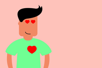 Young man in love with hearts in his eyes, vector