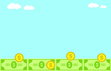 Field of dollar, gold dollar coins sprout from the field of green dollar banknotes